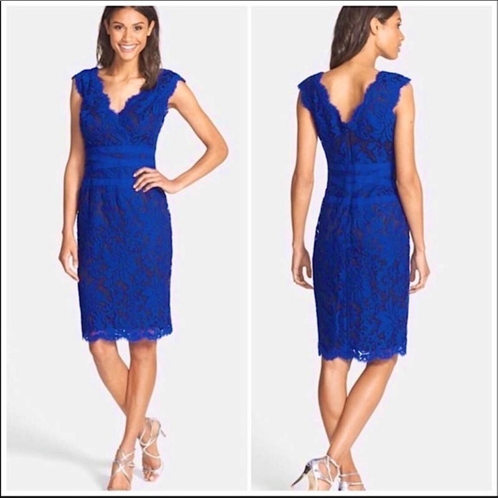 Tadashi Shoji | Embroidered Lace V Neck Sheath Dress In Marina Blue Size 2P
